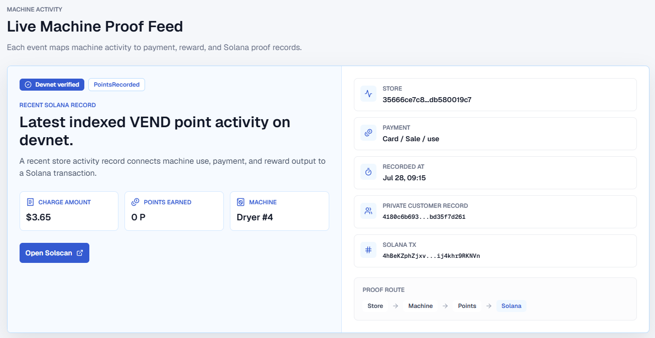 Live VEND machine proof feed showing a selected machine event and Solana verification record